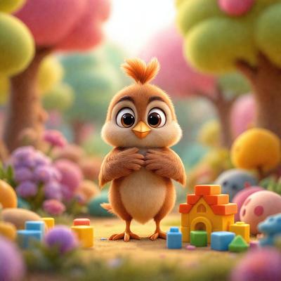 The image features a small, cute bird standing in a field with a toy house and a toy car nearby. The bird appears to be holding a toy car in its beak. The scene is set in a colorful environment, with a mix of purple, pink, and yellow colors. The visual style of the image is a combination of photo and digital art, creating a whimsical and playful atmosphere.